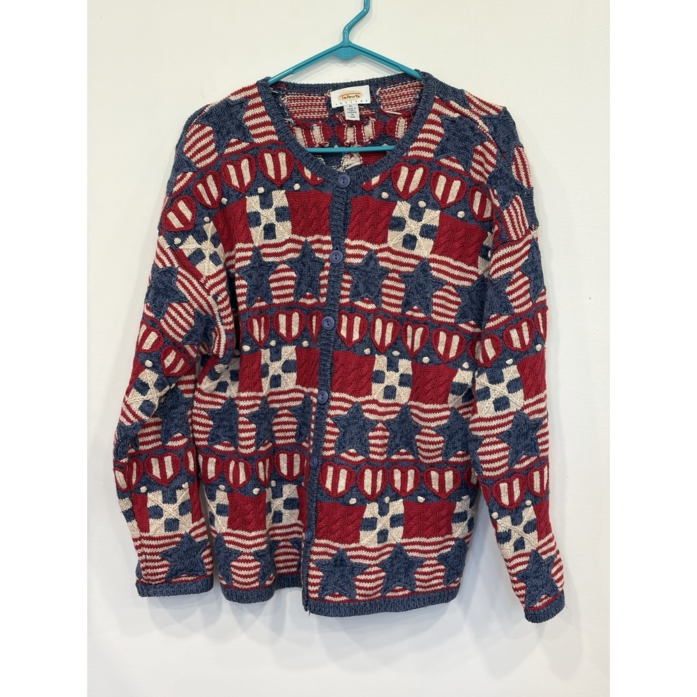 Vintage 90s Talbots Petites PL Cardigan Americana Stars Stripes Patriotic Ramie